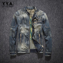 Load image into Gallery viewer, Mens Denim Coat Street Stand Collar Zipper Biker Style Cowboy Long Sleeve Jacket Classic Vintage Hip Hop Jean Jacket Outwear