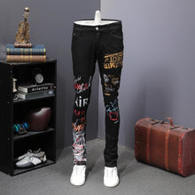 Load image into Gallery viewer, Black Printing Elastic Force Leisure Time Jeans Male Tide Brand Personality Directly Canister Self-cultivation Long Flower Pants