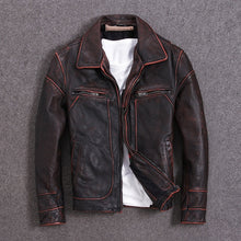 Load image into Gallery viewer, Vintage Men Leather Jacket 100% Cowhide Vintage Black Red Brown Leather Jackets Men Winter Coat Clothing M100