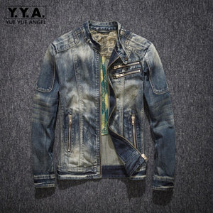 Mens Denim Coat Street Stand Collar Zipper Biker Style Cowboy Long Sleeve Jacket Classic Vintage Hip Hop Jean Jacket Outwear