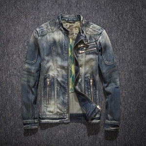 Mens Denim Coat Street Stand Collar Zipper Biker Style Cowboy Long Sleeve Jacket Classic Vintage Hip Hop Jean Jacket Outwear