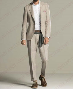 ANNIEBRITNEY Beige Linen Men Suits Wedding Suits Prom Party Groomsmen Custom Made Big Size Tuxedo Set Slim Fit Casual Best Man