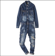 Load image into Gallery viewer, M-2xl New Japanese Denim Jumpsuit Men Autumn Locomotive Overalls Bib Pants Youth Hole Feet Jeans Hairstylist Overalls Rompers
