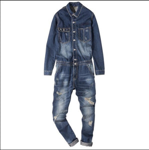 M-2xl New Japanese Denim Jumpsuit Men Autumn Locomotive Overalls Bib Pants Youth Hole Feet Jeans Hairstylist Overalls Rompers