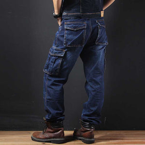 Big Pocket Denim Jeans Men Casual Cargo Pants Military Style Loose Baggy Cotton Trousers Plus Size Joggers Man Clothes