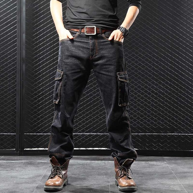 Big Pocket Denim Jeans Men Casual Cargo Pants Military Style Loose Baggy Cotton Trousers Plus Size Joggers Man Clothes