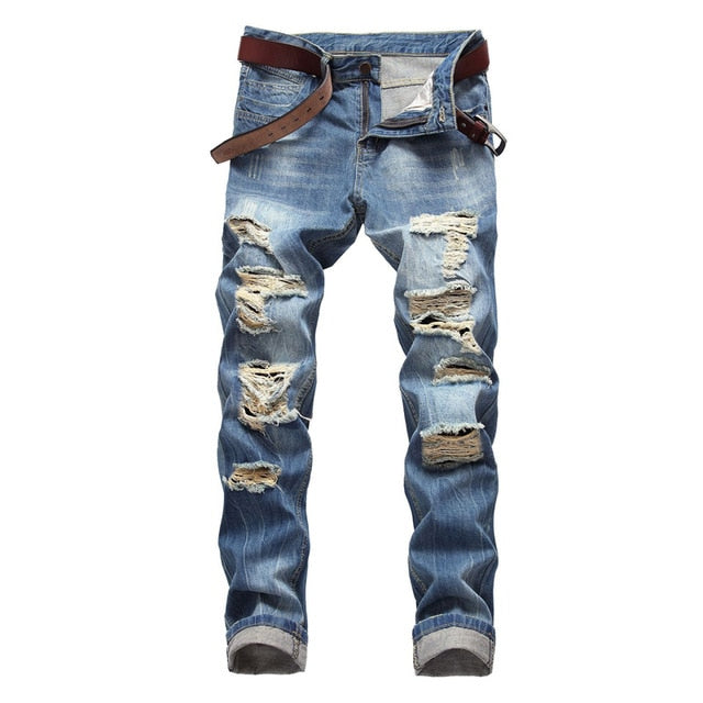 Ripped Holes Jeans Men 2019 Fashion Casual Washed Cotton Skinny Denim Jeans Homme Streetwear Hip Hop Distressed Jeans Pants Male