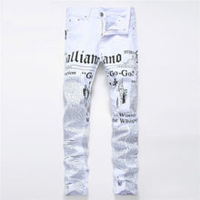 Load image into Gallery viewer, New Fashion Brand stretch mens jeans white letters printing men slim fit elastic casual trousers Tight denim printed pants
