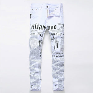 New Fashion Brand stretch mens jeans white letters printing men slim fit elastic casual trousers Tight denim printed pants