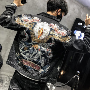 Men's Punk Denim Jackets Multi Rivets Lion Embroidery Denim Jackets Spring Autumn Coat for Male