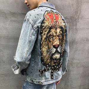 Men's Punk Denim Jackets Multi Rivets Lion Embroidery Denim Jackets Spring Autumn Coat for Male