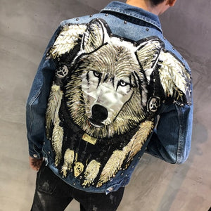 Men's Punk Denim Jackets Multi Rivets Lion Embroidery Denim Jackets Spring Autumn Coat for Male