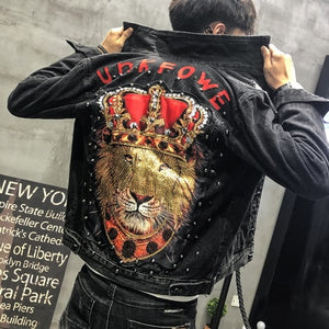 Men's Punk Denim Jackets Multi Rivets Lion Embroidery Denim Jackets Spring Autumn Coat for Male