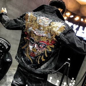 Men's Punk Denim Jackets Multi Rivets Lion Embroidery Denim Jackets Spring Autumn Coat for Male