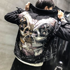 Men's Punk Denim Jackets Multi Rivets Lion Embroidery Denim Jackets Spring Autumn Coat for Male