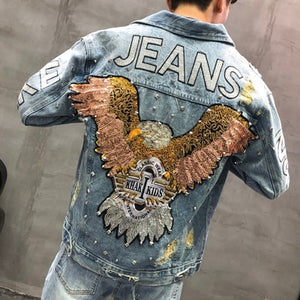 Men's Punk Denim Jackets Multi Rivets Lion Embroidery Denim Jackets Spring Autumn Coat for Male