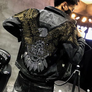 Men's Punk Denim Jackets Multi Rivets Lion Embroidery Denim Jackets Spring Autumn Coat for Male