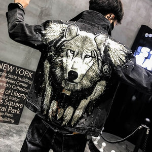 Men's Punk Denim Jackets Multi Rivets Lion Embroidery Denim Jackets Spring Autumn Coat for Male