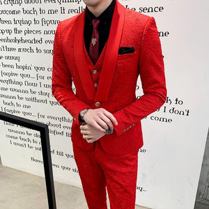 New Men's Shawl Collar Groom Dress Fashion Rose Relief Design Slim Suit 3 Piece Set Ewedding Party Club Men Suit Royal Tuxedo