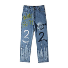 Load image into Gallery viewer, Hand-painted Graffiti Flame Jeans Mens Hip Hop Rock Full Print Baggy and Relaxed Denim Pants Men Loose Straight Lazy Jeans
