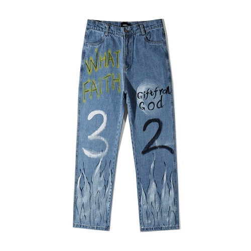 Hand-painted Graffiti Flame Jeans Mens Hip Hop Rock Full Print Baggy and Relaxed Denim Pants Men Loose Straight Lazy Jeans