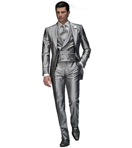 Fashionable Shiny Silver Groom Tuxedos Mens Wedding Prom Party Business Suits Blazer Sets (Jacket+Pants+Vest+Tie) K:767