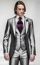 Load image into Gallery viewer, Fashionable Shiny Silver Groom Tuxedos Mens Wedding Prom Party Business Suits Blazer Sets (Jacket+Pants+Vest+Tie) K:767
