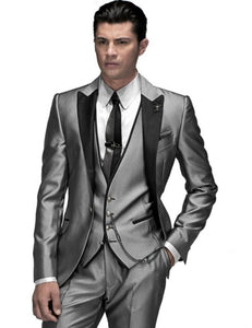 Fashionable Shiny Silver Groom Tuxedos Mens Wedding Prom Party Business Suits Blazer Sets (Jacket+Pants+Vest+Tie) K:767