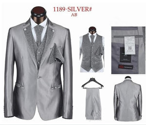 Fashionable Shiny Silver Groom Tuxedos Mens Wedding Prom Party Business Suits Blazer Sets (Jacket+Pants+Vest+Tie) K:767