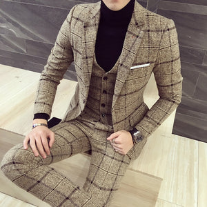 Classic 3 Piece Suits Men Wedding Suits 2019 New Slim Fit Plaid Suit Mens Jackets with Vest and Pants