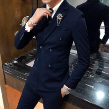 Load image into Gallery viewer, British Style Men&#39;s Double-breasted Suits Slim Fit Dress Suits for Men 3 Pieces Sets 2019 High Quality Black Groom Wedding Suit
