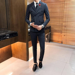 British Style Men's Double-breasted Suits Slim Fit Dress Suits for Men 3 Pieces Sets 2019 High Quality Black Groom Wedding Suit