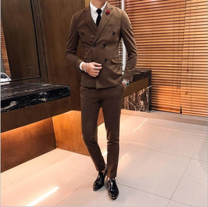 British Style Men's Double-breasted Suits Slim Fit Dress Suits for Men 3 Pieces Sets 2019 High Quality Black Groom Wedding Suit