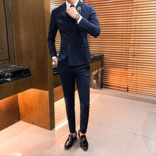 Load image into Gallery viewer, British Style Men&#39;s Double-breasted Suits Slim Fit Dress Suits for Men 3 Pieces Sets 2019 High Quality Black Groom Wedding Suit
