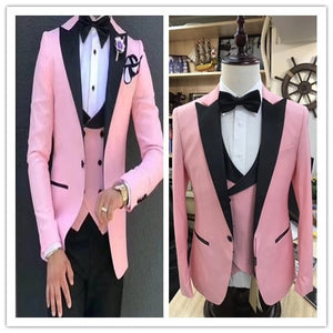 pink men suits Male business dress host stage costume homme mariage groom groomsmen tuxedo masculino	3piece jacket pants vest