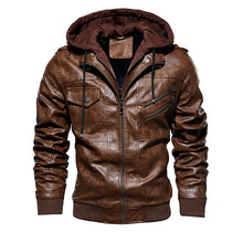 Load image into Gallery viewer, Vogue Men PU Leather Jacket Men Motorcycle Hood Winter Coat Man Warm Casual Leather Jackets Male Slim Fit Bomber Windbreaker
