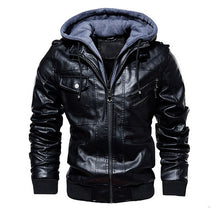 Load image into Gallery viewer, Vogue Men PU Leather Jacket Men Motorcycle Hood Winter Coat Man Warm Casual Leather Jackets Male Slim Fit Bomber Windbreaker
