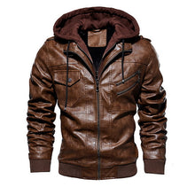 Load image into Gallery viewer, Vogue Men PU Leather Jacket Men Motorcycle Hood Winter Coat Man Warm Casual Leather Jackets Male Slim Fit Bomber Windbreaker
