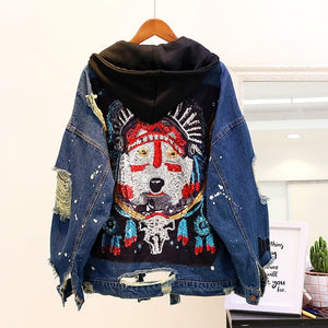 2020 Spring Vintage Hooded Jeans Jacket Womens Sequins Holes Loose Denim Coat Ladies Harajuku Basic Jean Jackets Outwear Femme