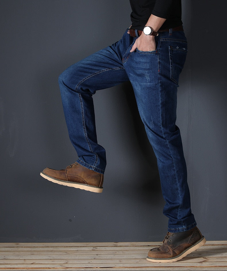 JS641J-2020 summer jeans men's straight fit large mid waist men's jeans elastic simple business pants