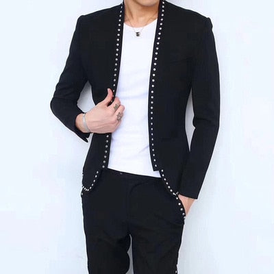 100%real mens stars black rivet embroidery tuxedo suit /event/evening/ jacket with ankle length pants