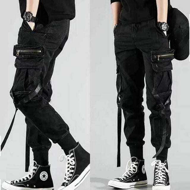 2020 Men's Side Pockets Harem Pants Autumn Hip Hop Casual Ribbons Design Male Joggers Trousers Fashion Streetwear Pant Black